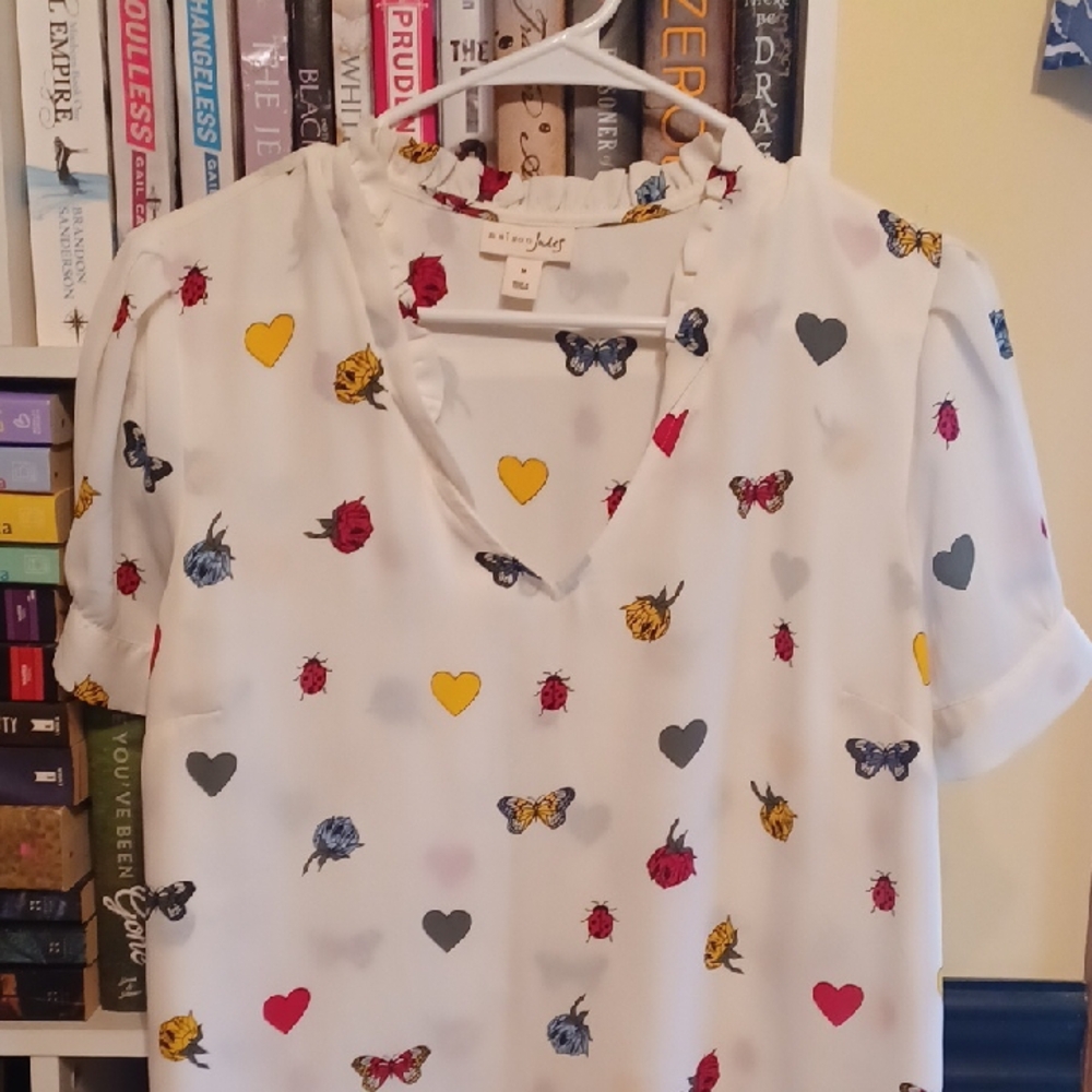 Maison Jules Medium Blouse with Colorful Heart and Butterfly Print